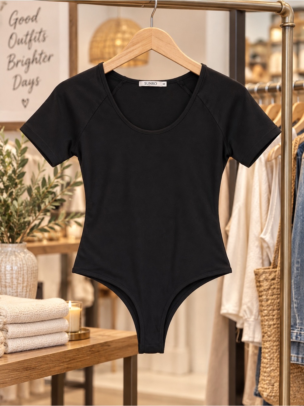 Black Short-Sleeve Bandeau Bodysuit
